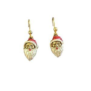 Vintage Santa Claus Drop Earrings Hand-Painted Gold Accents Holiday Jewelry